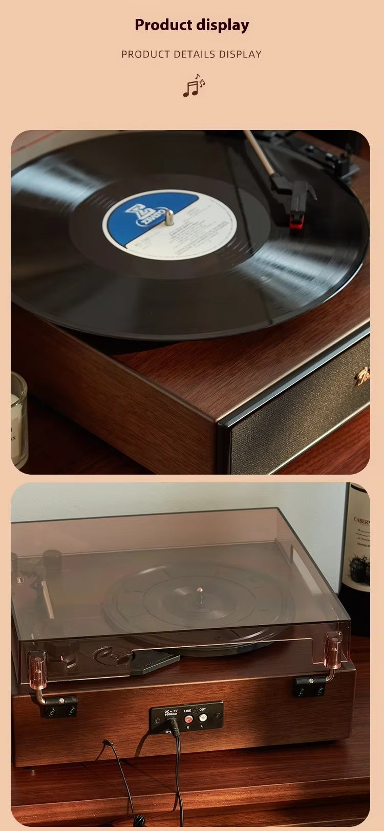 Vintage Gramophone Black Vinyl Record Player with Bluetooth Speaker