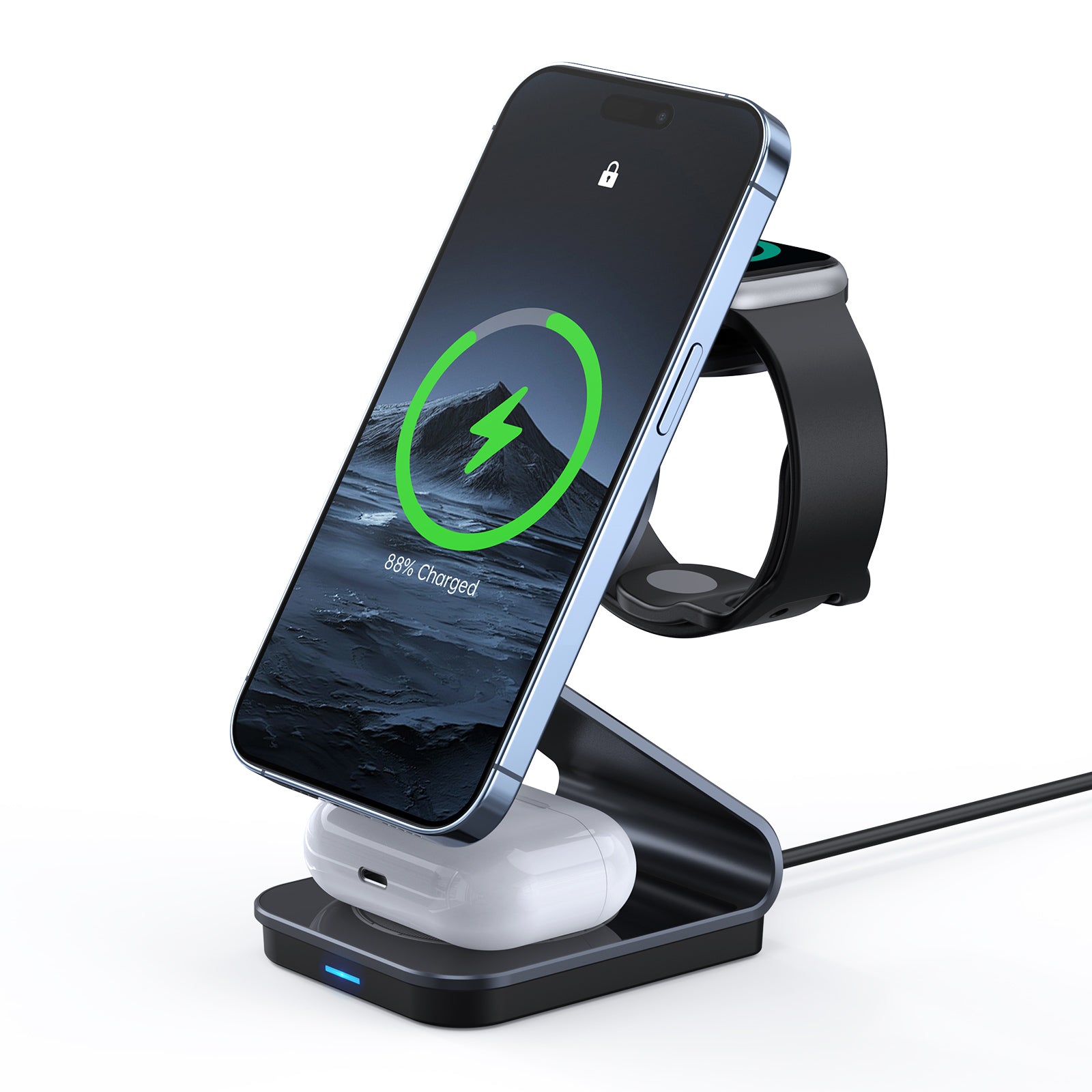 Sleek Fast-Charging 3-in-1 Wireless Charger – Simultaneously Power iPhone