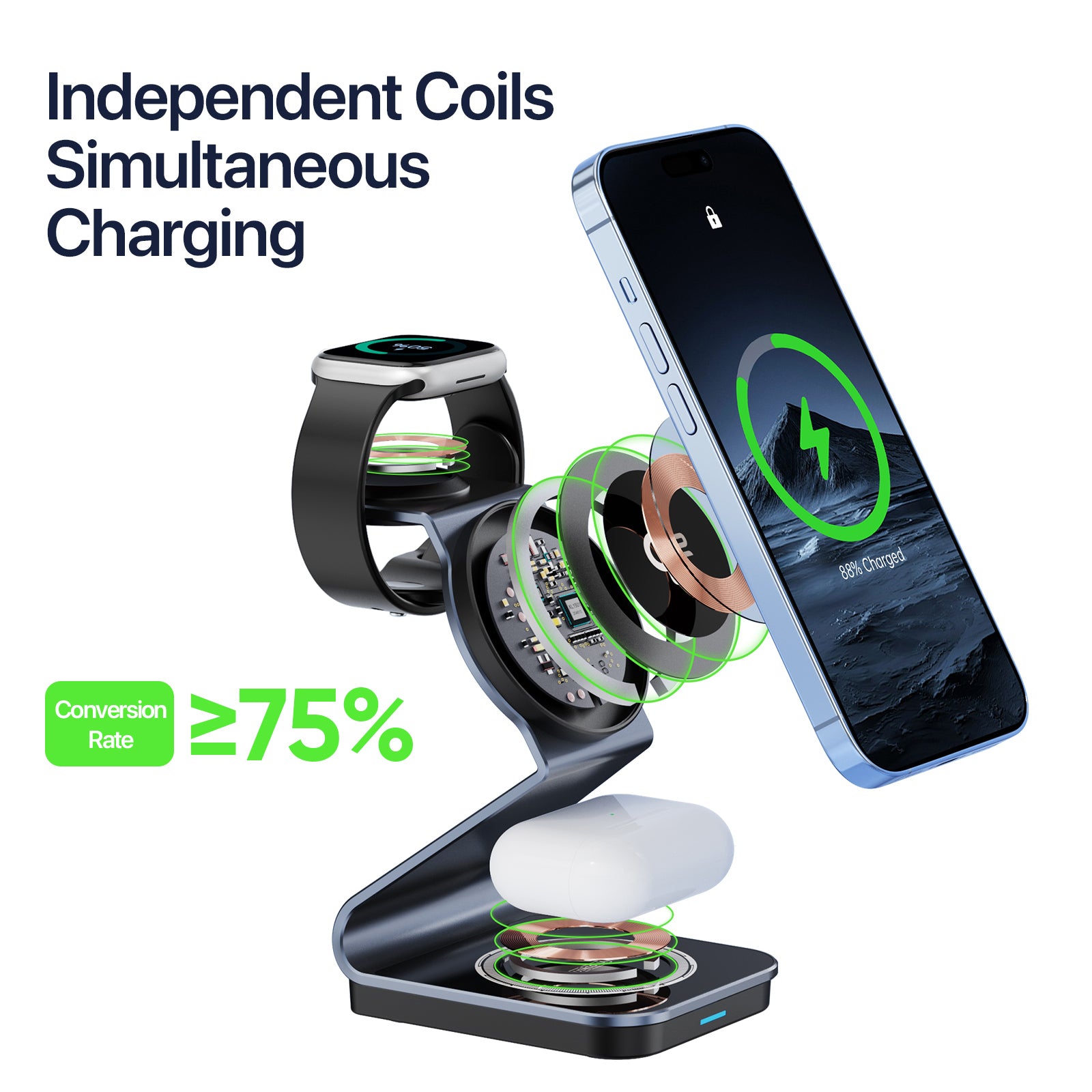 Sleek Fast-Charging 3-in-1 Wireless Charger – Simultaneously Power iPhone
