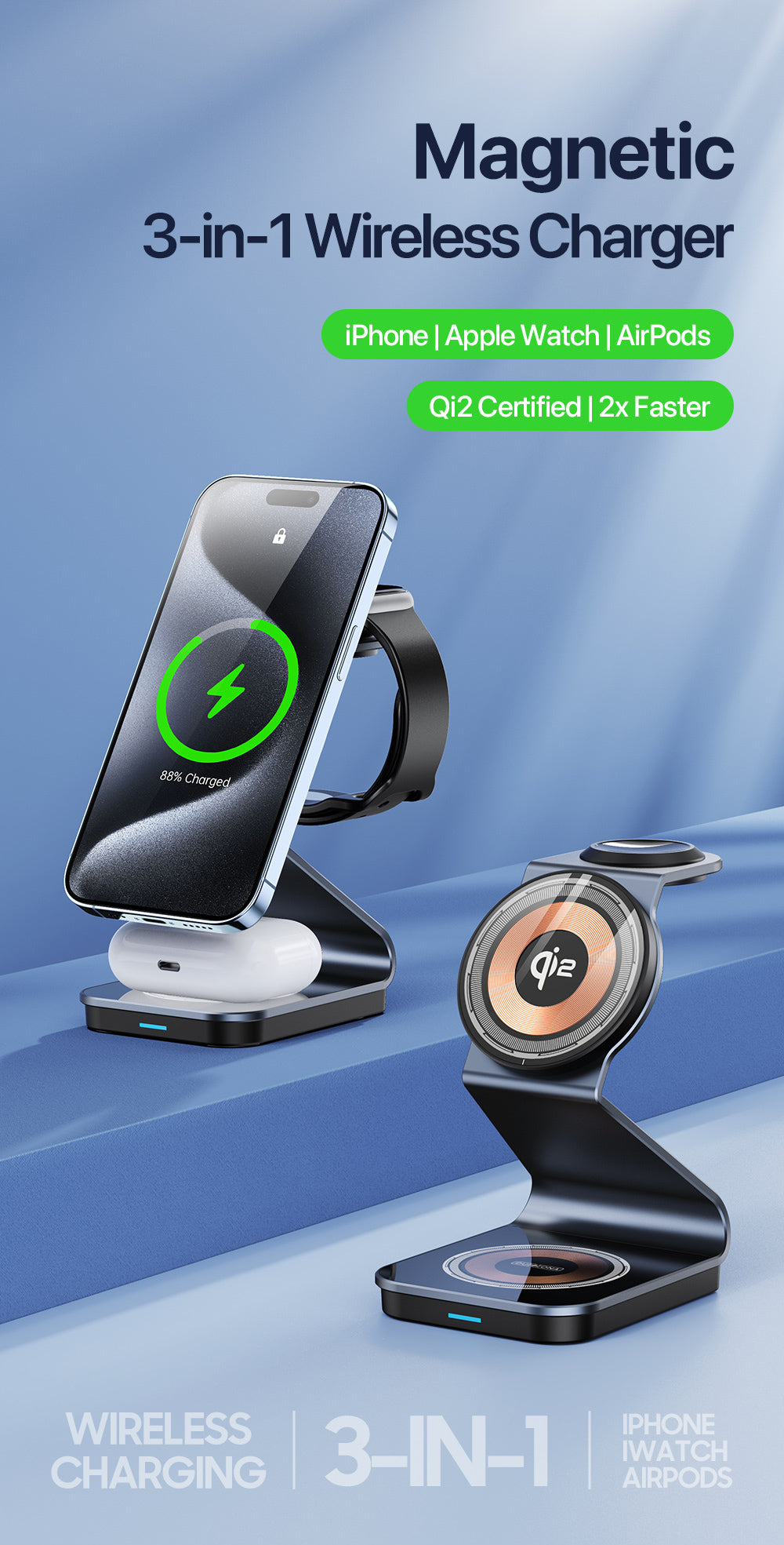 Sleek Fast-Charging 3-in-1 Wireless Charger – Simultaneously Power iPhone