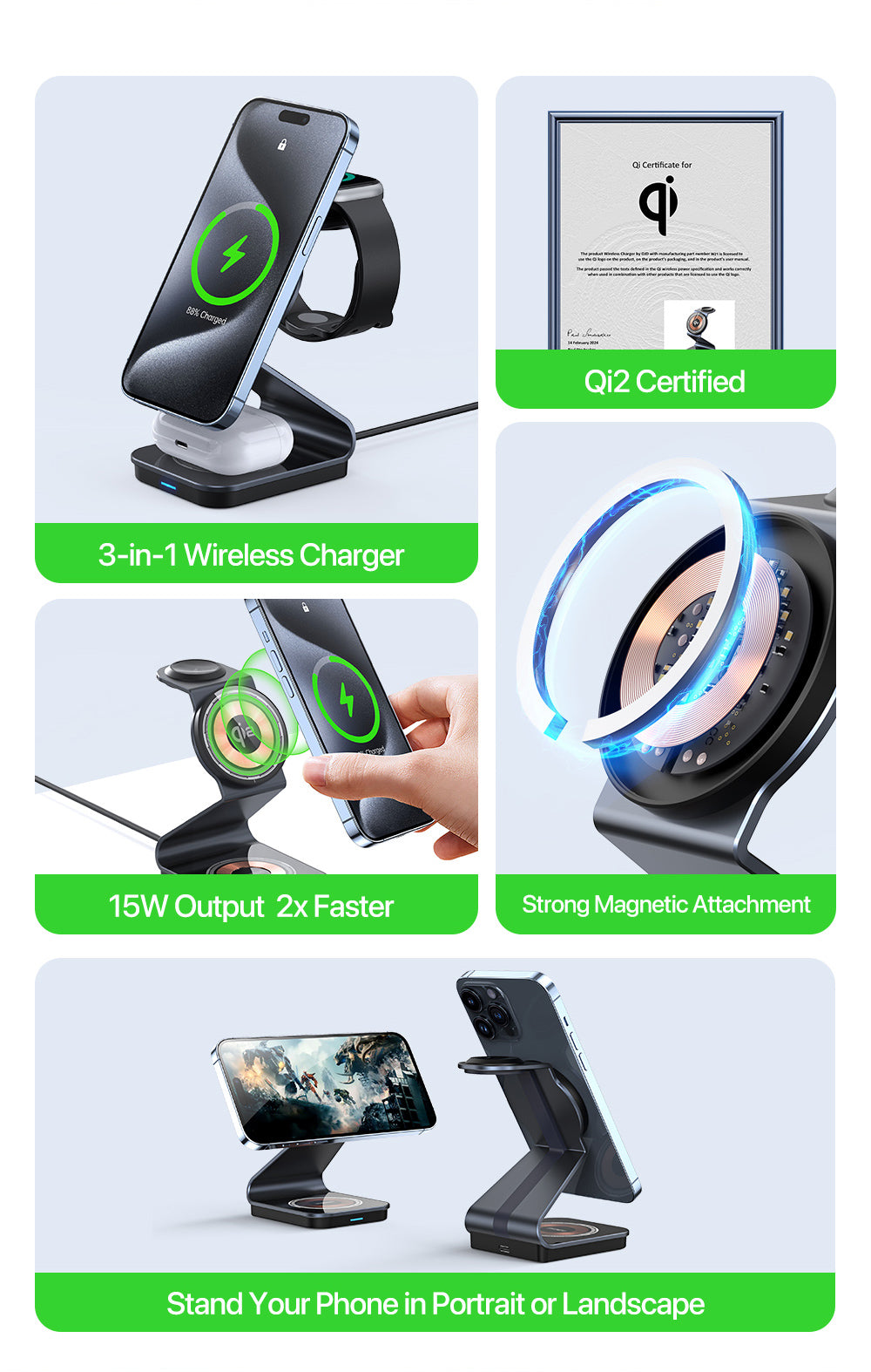 Sleek Fast-Charging 3-in-1 Wireless Charger – Simultaneously Power iPhone