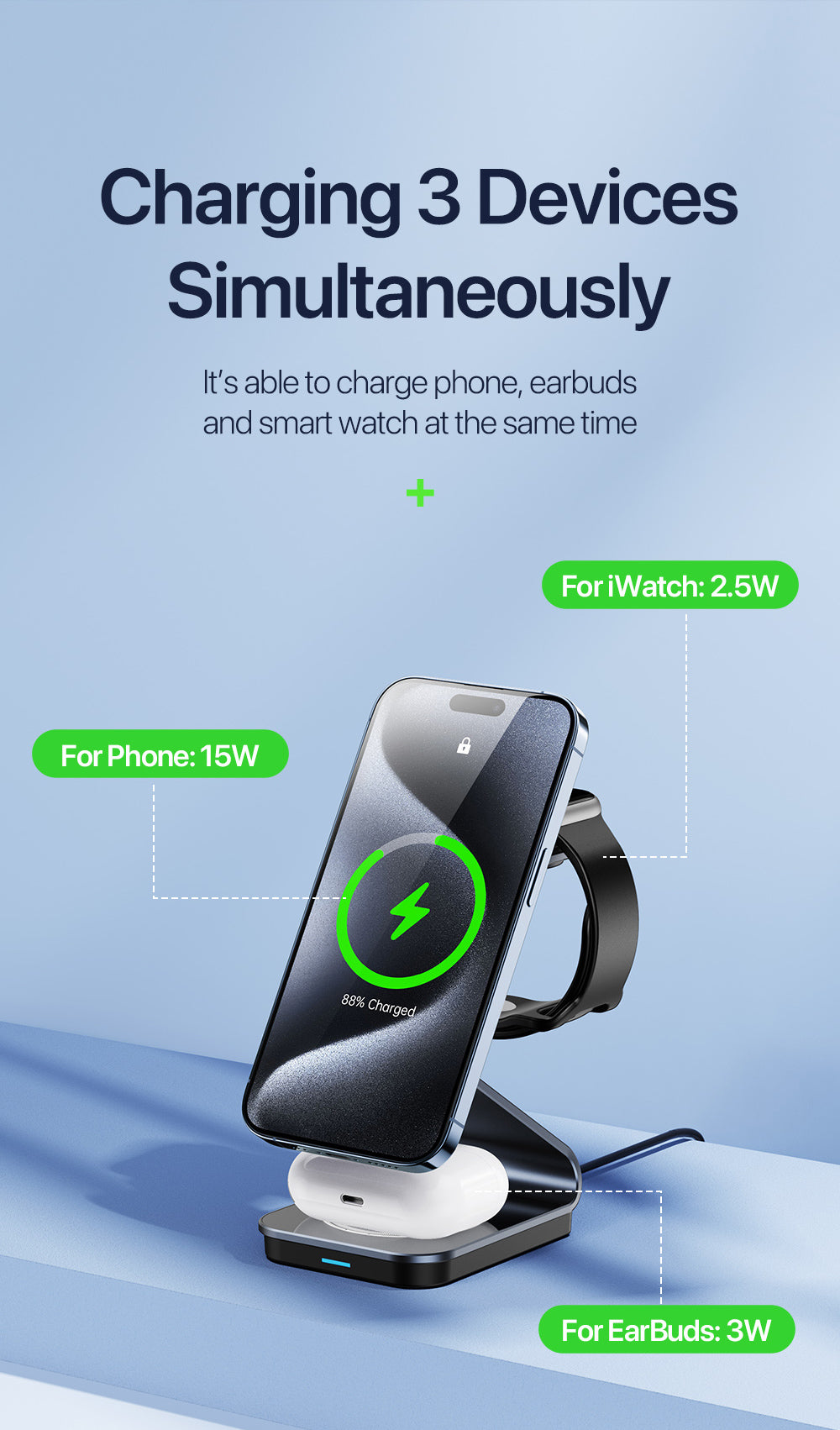 Sleek Fast-Charging 3-in-1 Wireless Charger – Simultaneously Power iPhone