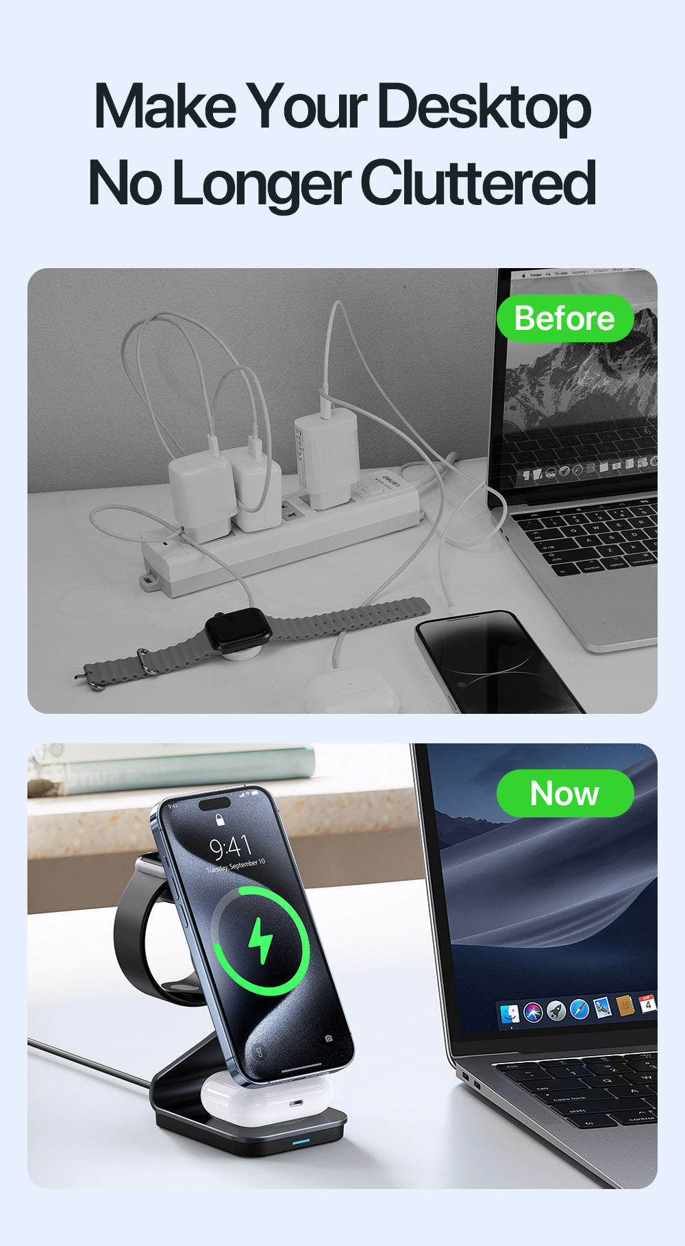 Sleek Fast-Charging 3-in-1 Wireless Charger – Simultaneously Power iPhone