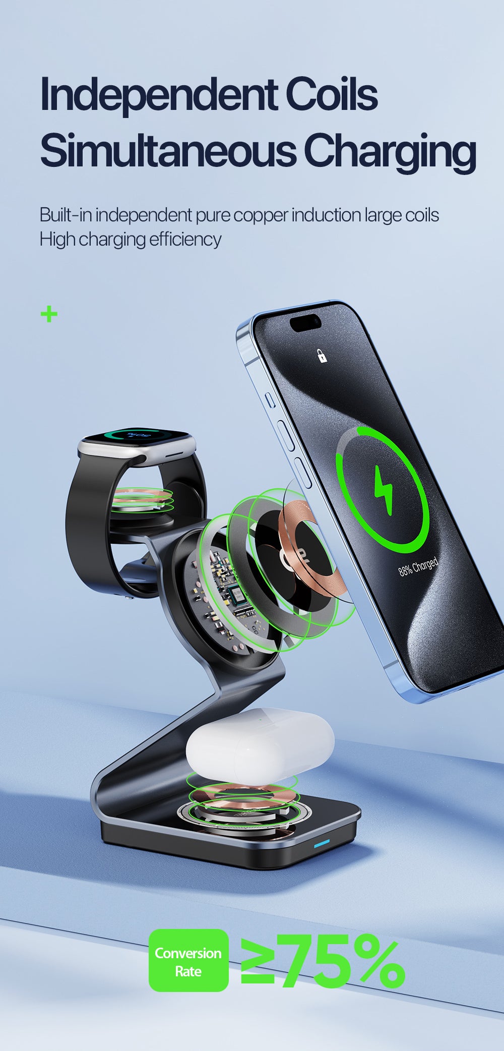 Sleek Fast-Charging 3-in-1 Wireless Charger – Simultaneously Power iPhone