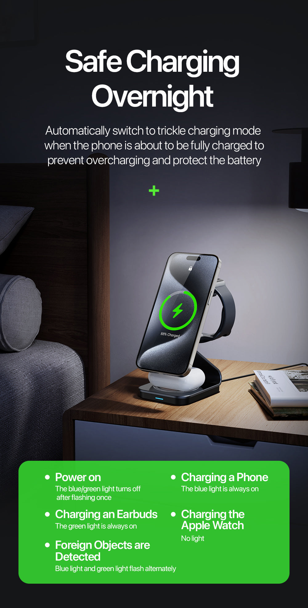 Sleek Fast-Charging 3-in-1 Wireless Charger – Simultaneously Power iPhone