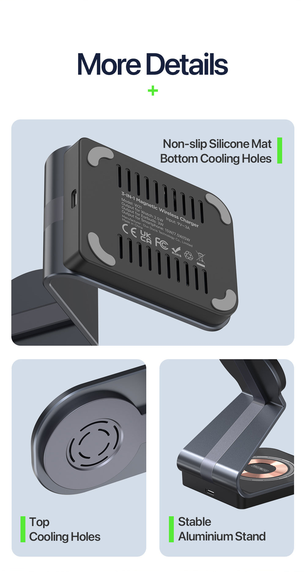 Sleek Fast-Charging 3-in-1 Wireless Charger – Simultaneously Power iPhone