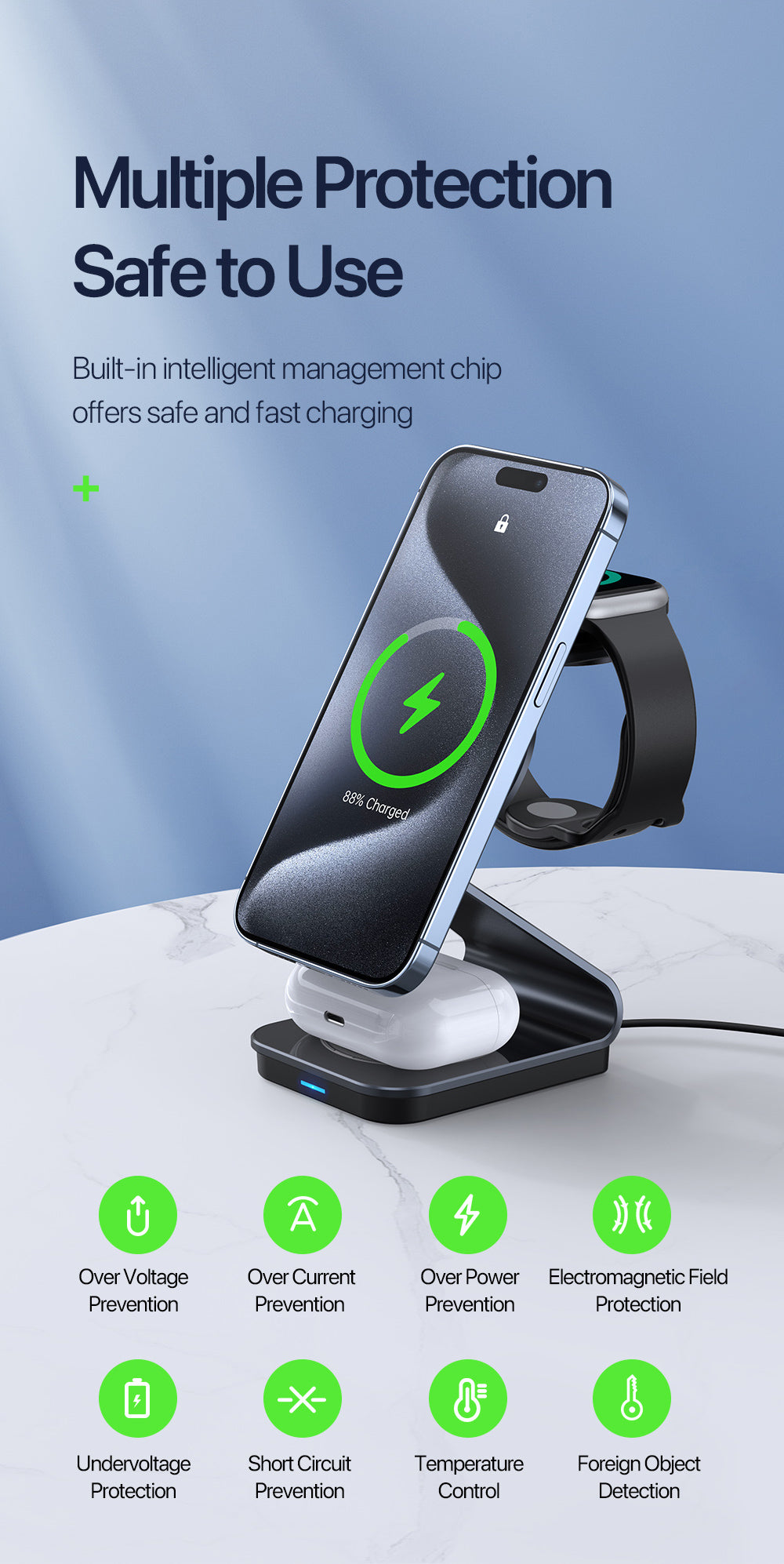 Sleek Fast-Charging 3-in-1 Wireless Charger – Simultaneously Power iPhone