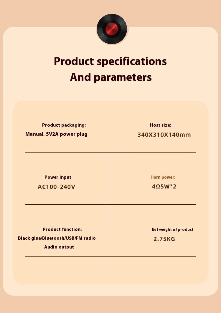 Vintage Gramophone Black Vinyl Record Player with Bluetooth Speaker