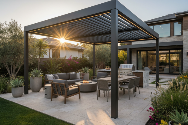 Luxury electric louvered pergola in modern backyard setting
