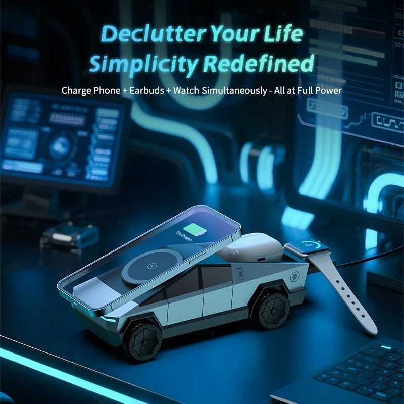 Multifunctional device charging phone, earbuds, and watch with text 'Declutter Your Life Simpllicity Redefined' on a tech-themed background.
